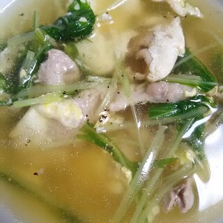 水菜と豚肉の卵スープ(^^)